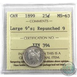 10-cent 1899 Large 9's, Repunched 9 ICCS Certified MS-63. Scarce Variety! A very attractive coin wit