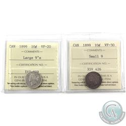 10-cent 1899 Small 9's ICCS VF-30 & 1899 Large 9's ICCS VF-20. 2pcs