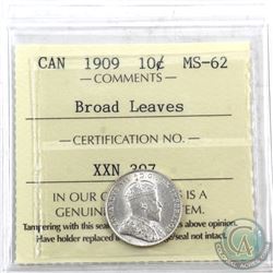 10-cent 1909 Broad Leaves ICCS Certified MS-62! A rare coin in mint state condition.