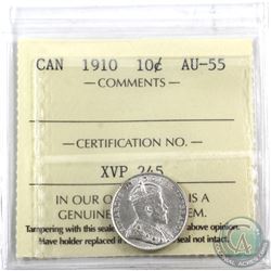 10-cent 1910 ICCS Certified AU-55. Bright white coin with lustre.