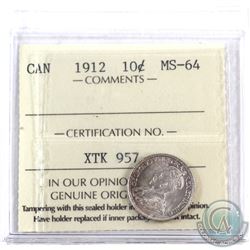 10-cent 1912 ICCS Certified MS-64. A strong strike coin with near white fields reverse shows as a su