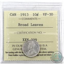 10-cent 1913 Broad Leaves ICCS Certified VF-30. A Nice mid-grade example of this tough variety.