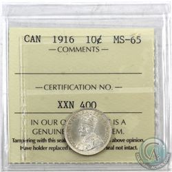 10-cent 1916 ICCS Certified MS-65. A frosted finish coin with subtle hints of golden throughout.