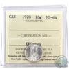 Image 1 : 10-cent 1920 ICCS Certified MS-64. Bright flashy coin with bold strike details.