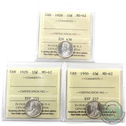 10-cent 1928, 1929 & 1930 ICCS Certified MS-62. All coins bright with nice lustre. 3pcs