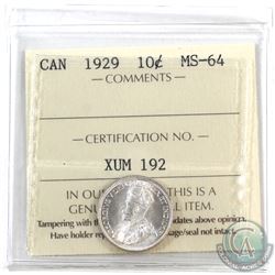 10-cent 1929 ICCS Certified MS-64. Frosted blast white coin.