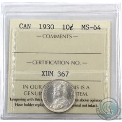 10-cent 1930 ICCS Certified MS-64. Radiant lustre with soft tones.