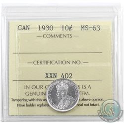 10-cent 1930 ICCS Certified MS-63. Blast white, immaculate strike