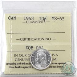 10-cent 1943 ICCS Certified MS-65. A full white coin wih great eye appeal.