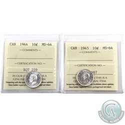 10-cent 1944 & 1945 ICCS Certified MS-64. Blast white coins! 2pcs