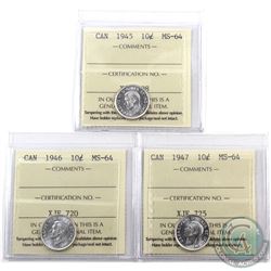 10-cent 1945, 1946 & 1947 ICCS Certified MS-64. All coins are blast white. 3pcs