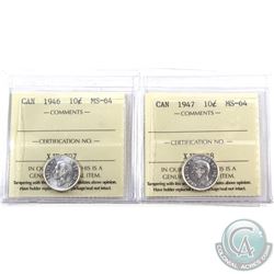 10-cent 1946 & 1947 ICCS Certified MS-64. Blast white coins! 2pcs