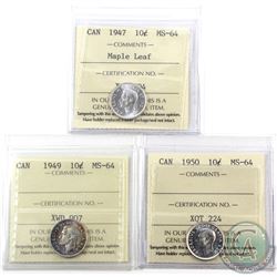 10-cent 1947 Maple Leaf, 1949 & 1950 ICCS Certified MS-64. 3pcs