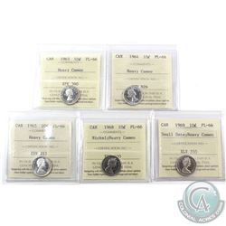 10-cent 1963, 1964, 1965, 1968 Nickel & 1969 Small Date ICCS Certified PL-66 Heavy Cameo. 5pcs