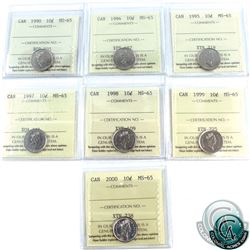 10-cent 1990, 1994, 1995, 1997, 1998, 1999, 2000 ICCS Certified MS-65. 7pcs.