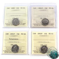 10-cent 2000, 2001P, 2001P Volunteers, 2002P ICCS Certified MS-66. 4pcs.