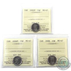 10-cent 2005P, 2006P & 2008 ICCS Certified MS-67. 3pcs