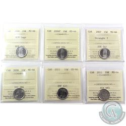 10-cent 2006 RCM Logo, 2006P, 2007 Straight 7, 2008, 2011 & 2012 ICCS Certified MS-66. 6pcs