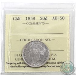 20-cent 1858 ICCS Certified AU-50. Very attractive coin brightly lit with plenty of mint lustre.