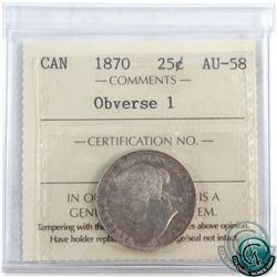 25-cent 1870 Obverse 1 ICCS Certified AU-58. A well struck coin with a light patina with lots of und