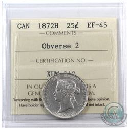 25-cent 1872H Obverse 2 ICCS Certified EF-45.