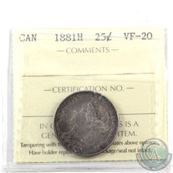 25-cent 1881H ICCS Certified VF-20