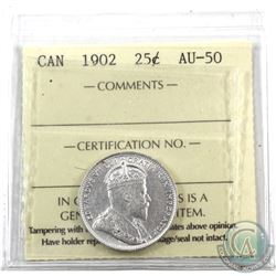 25-cent 1902 ICCS Certified AU-50. Blast white with original lustre showing.