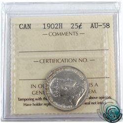 25-cent 1902H ICCS Certified AU-58. A bright coin with rainbow toning around the rim