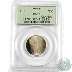 25-cent 1911 PCGS Certified MS-67. TOP GRADE POP=2!