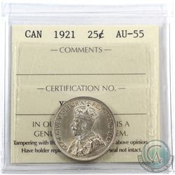 25-cent 1921 ICCS Certified AU-55. Original lustre, sharp details.