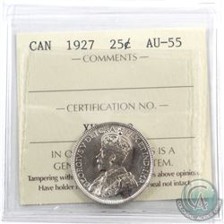 25-cent 1927 ICCS Certified AU-55. Blast white with exceptiontial lustre for the grade.