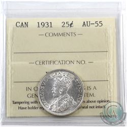 25-cent 1931 ICCS Certified AU-55. Blast white, with lots of original lustre.