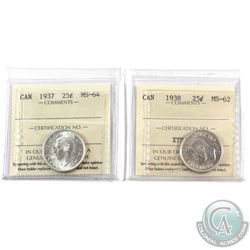 25-cent 1937 MS-64 & 1938 MS-62 ICCS Certified. 2pcs. Both blast white with nice original lustre.