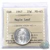 Image 1 : 25-cent 1947 Maple Leaf ICCS Certified MS-65. Light golden toning.