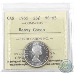 25-cent 1955 ICCS Certified MS-65 Heavy Cameo. Portrait is heavily defined and is a focal point of t