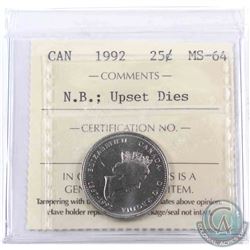 25-cent 1992 New Brunswick Error Rotated 180 degrees ICCS Certified MS-64.