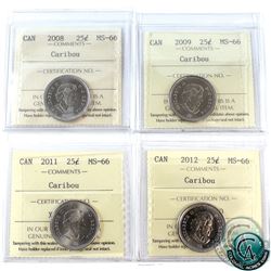 25-cent Caribou 2008, 2009, 2011, 2012 ICCS Certified MS-66. 4pcs.