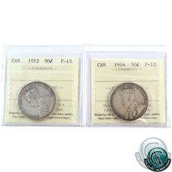50-cent 1912 F-15 & 1914 F-12 ICCS Certified. A nice pair of even, medium tone coins. 2pcs.