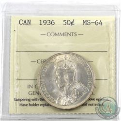 50-cent 1936 ICCS Certified MS-64. *Choice Gem* This coin exhibits attractive lustrous fields accent