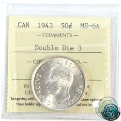 50-cent 1943 Double Die 3 ICCS Certified MS-64. A lustrous coin with subtle hints of golden toning.
