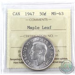 50-cent 1947 Maple Leaf ICCS Certified MS-63! Full white lustrous coin.