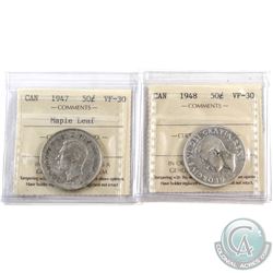 50-cent 1947 Maple Leaf & 1948 ICCS Certified VF-30. 2pcs