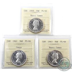 50-cent 1959 Heavy Cameo, 1962 Cameo & 1963 Heavy Cameo ICCS Certified PL-66. 3pcs