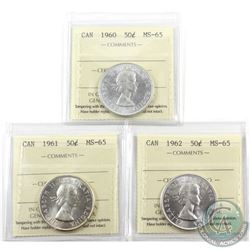 50-cent 1960, 1961 & 1962 ICCS Certified MS-65. 3pcs. Lightly toned