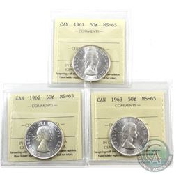 50-cent 1961, 1962 & 1963 ICCS Certified MS-65. 3pcs