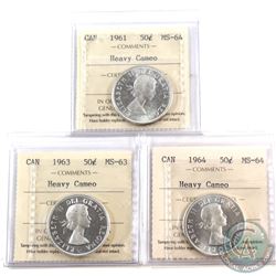 50-cent ICCS 1961 MS-64 Heavy Cameo, 1963 MS-63 Heavy Cameo & 1964 MS-64 Heavy Cameo. 3pcs