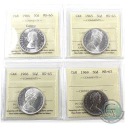 50-cent 1964 Cameo, 1965, 1966 & 1969 ICCS Certified MS-65. 4pcs