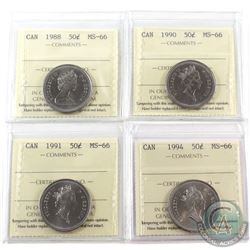 50-cent 1988, 1990, 1991 & 1994 ICCS Certified MS-66. 4pcs