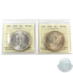 Silver $1 1935 & 1936 ICCS Certified MS-64. 2pcs