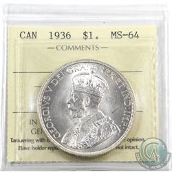 Silver $1 1936 ICCS Certified MS-64. Blast white!